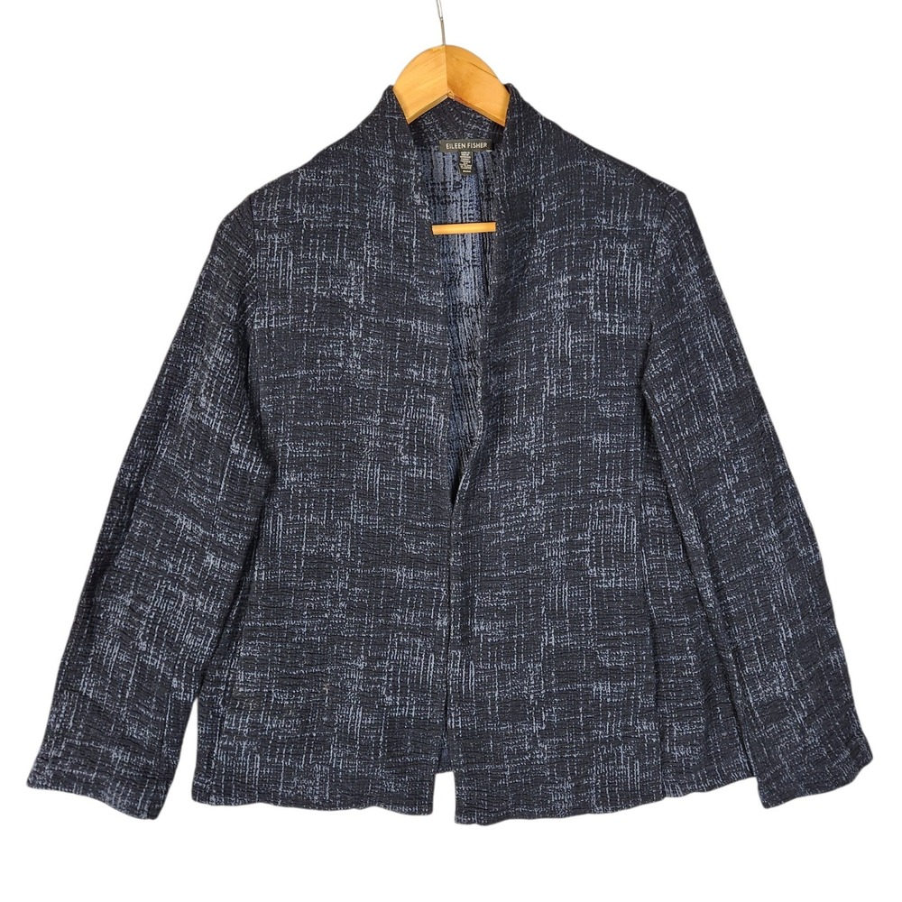 Eileen Fisher Crosshatch Cotton Tencel Stretch Jacket M Blue Textured Organic